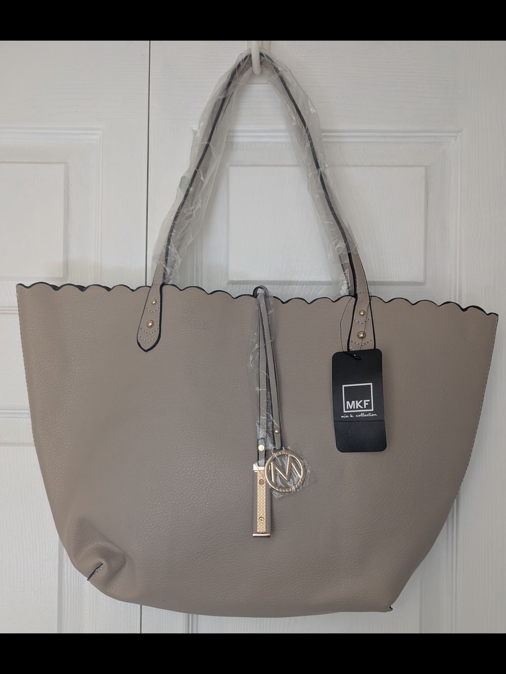 MKF Soft Taupe Scalloped-Edge Tote with Charm